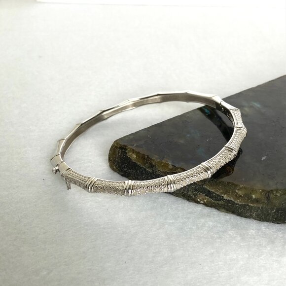 Sterling Silver 925 DBJ Oval Bamboo Hinged Diamond Bangle Bracelet Sz 7.25" - Picture 4 of 16